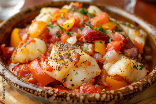 Ajoarriero is a traditional Spanish dish consists of shredded salt cod that's combined with tomatoes, garlic, onions, red and green peppers closeup on the bowl. Spanish Bacalao. photo