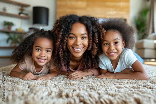 Dia das Mães: Mãe negra com suas filhas, expressando amor e carinho. Representação: união familiar, diversidade, laços afetivos, celebração da maternidade photo
