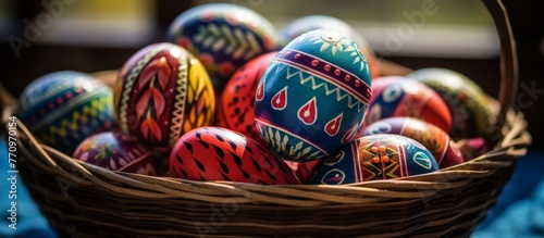 A festive Easter event display with a vibrant basket filled with colorful eggs on a wooden table, showcasing art and patterns made with fiber and thread