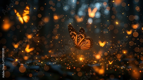 A swarm of luminescent butterflies flit through the darkness © Katsiaryna