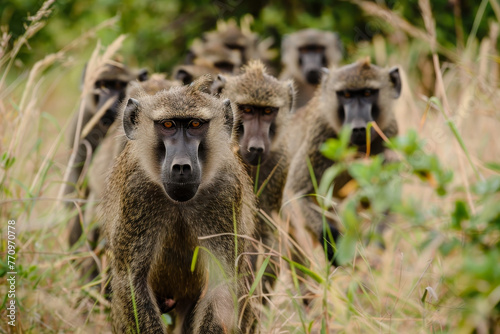 A group of baboons walking through tall grass © mila103
