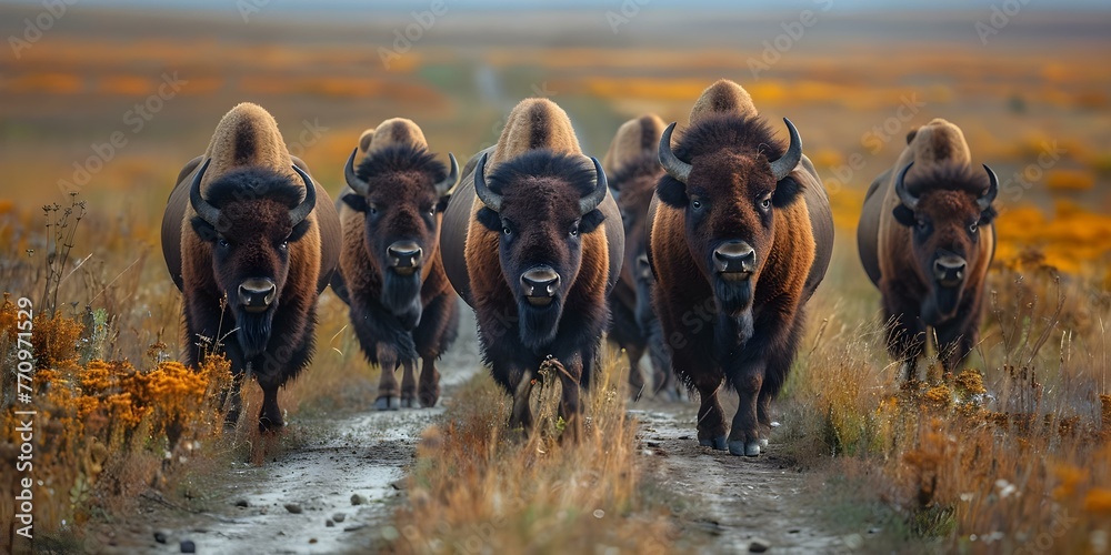 Preserving Bison Migration Routes: A Look at Human-Wildlife Interactions on Dirt Roads. Concept Bison Migration, Human-Wildlife Interactions, Dirt Roads, Conservation, Preserving Ecosystems - obrazy, fototapety, plakaty 