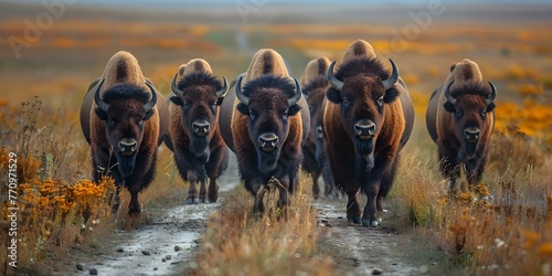 Preserving Bison Migration Routes: A Look at Human-Wildlife Interactions on Dirt Roads. Concept Bison Migration, Human-Wildlife Interactions, Dirt Roads, Conservation, Preserving Ecosystems