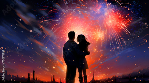 Silhouette of loving couple hugging each other and looking at fireworks
