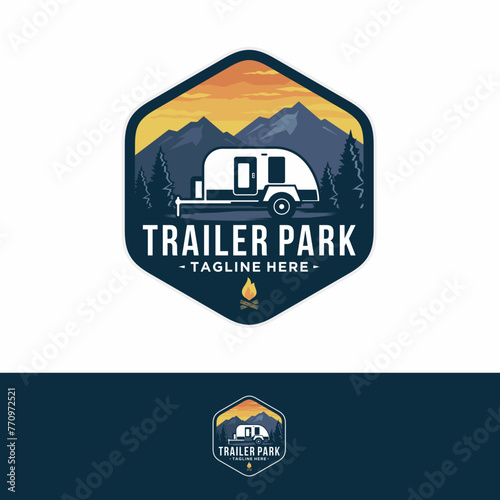 camper trailer or recreational vehicle (RV) adventure logo template, trailer park icon