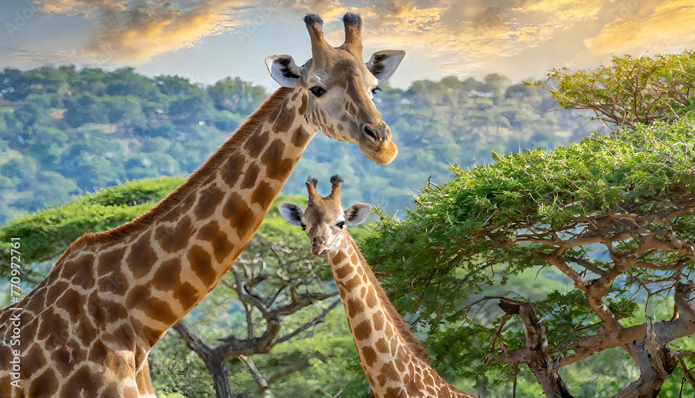 野生のキリンのイメージ素材。キリンの群れ。Image material of wild giraffe. A herd of giraffes. - obrazy, fototapety, plakaty 