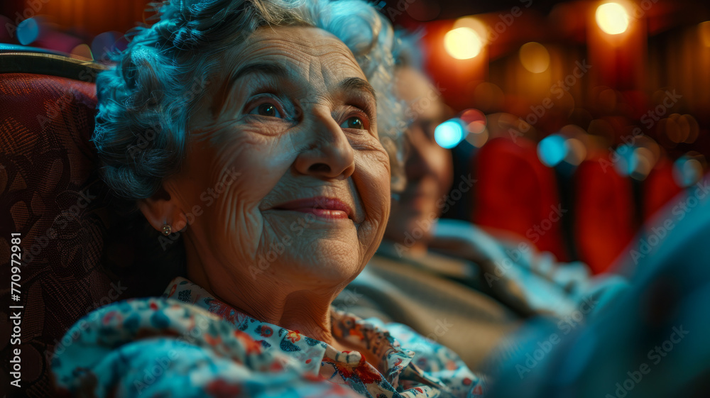 An elderly woman enjoying a theater performance. An elderly woman enjoying a theater performance.