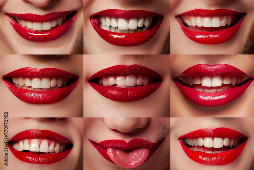 Woman's lip set. Girl mouth close up with red lipstick makeup expressing different emotions. Mouth with teeth, smile, tongue isolated on white background. Collection in different expressions