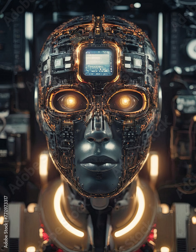 Espressione meccanica: il volto di un robot riflette la perfezione tecnologica e l'evoluzione dell'intelligenza artificiale nell'era futura. photo