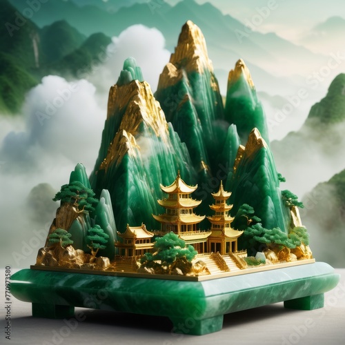Fantasy landscape with mountains and ancinent architecture photo