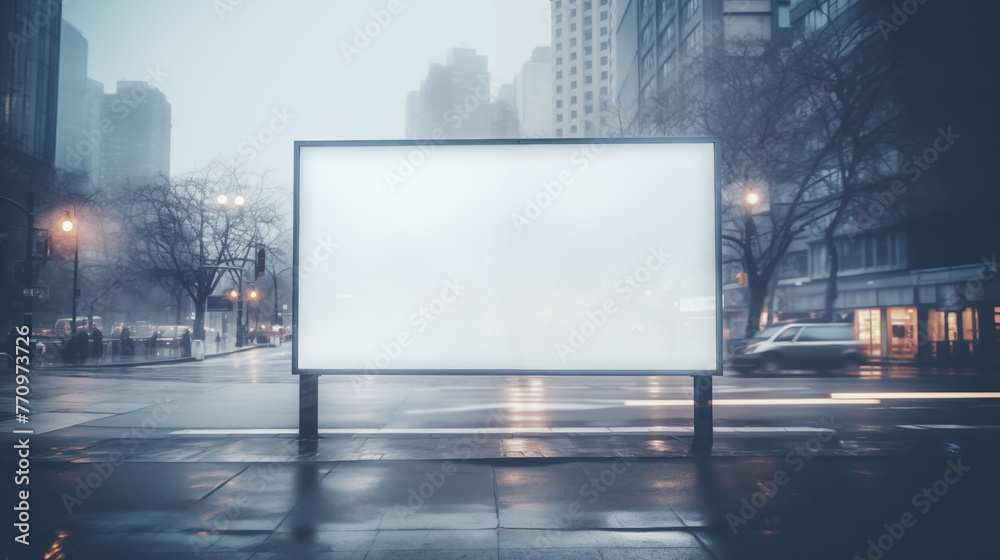 Large white billboard is positioned in front of tall buildings, showcasing a mockup. - obrazy, fototapety, plakaty 