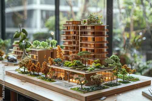 A detailed model of an urban complex featuring wood and greenery, with three buildings connected by bridges to an interior courtyard. Created with Ai