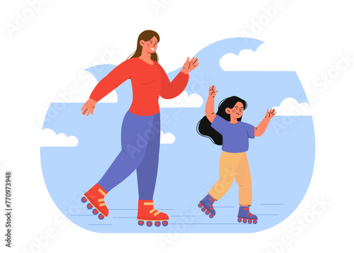 Rollerblading woman with daughter vector