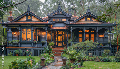 A Victorian house in the style of "Whimsical" with blue walls and orange trim, set against green grass and surrounded by trees on a rainy day. Created with Ai