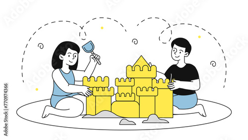Kids with sand castle vector doodle