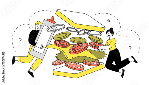 People with sandwich vector doodle