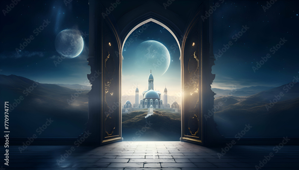 Ramadan Kareem greeting card with mosque and moon. 3D rendering - obrazy, fototapety, plakaty 