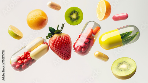 Different fruits and berries dietary supplement capsules flying in the air on light background. Healthy balanced diet vitamins concept