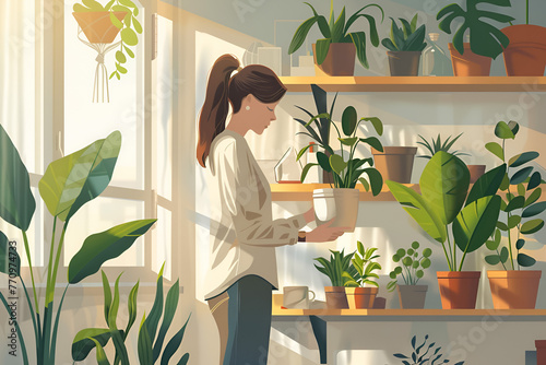 Young woman taking care of her plants