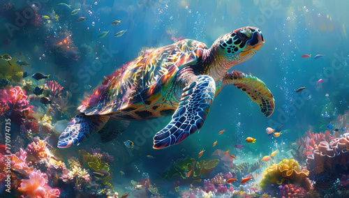 A colorful sea turtle swimming gracefully in the crystal clear waters of an underwater coral reef. Created with Ai photo
