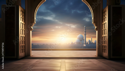 3D rendering of a beautiful view of the mosque at sunset.