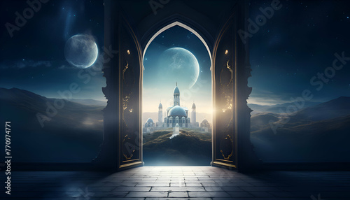 Ramadan Kareem greeting card with mosque and moon. 3D rendering