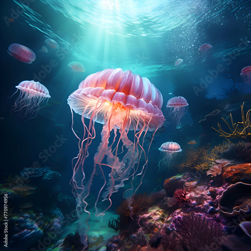 Beautiful jellyfish swimming in the deep blue ocean. 3d rendering