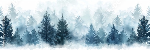 pattern of a misty pine forest  with each tree in soft shades of blue and grey against a white background The trees form an ethereal border along the edge Generative AI