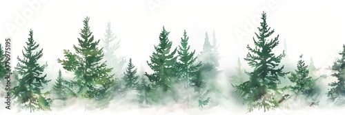 watercolor border of evergreen trees in mist creates an ethereal and serene feel on a white background Generative AI