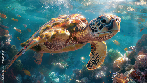 Turtle swimming in the ocean, surrounded by fish and corals. The turtle has black, brown and orange colors with detailed patterns on its shell. Created with Ai