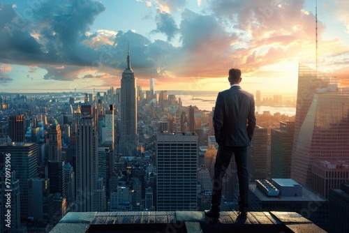 Businessman standing on a roof and looking at city 32k, full ultra hd, high resolution © Imama Hashim