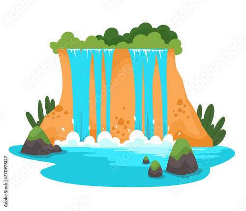 Waterfall. Gaming platform, cartoon forest landscape, 2d user interface design for computer or mobile phone. Bright waterfall with stones and vegetation.