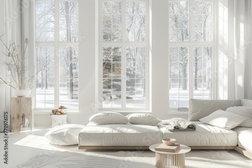 White living room with sofa and windows. Interior design of modern home entryway in winter time