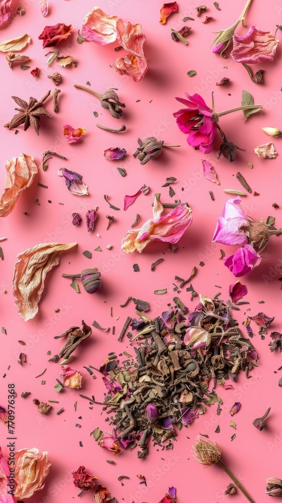 leaves dry flowers of herbal tea background.