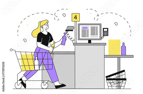 Woman with self service checkout vector doodle