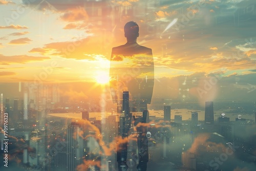 The double exposure image of the business man standing back during sunrise overlay with cityscape 