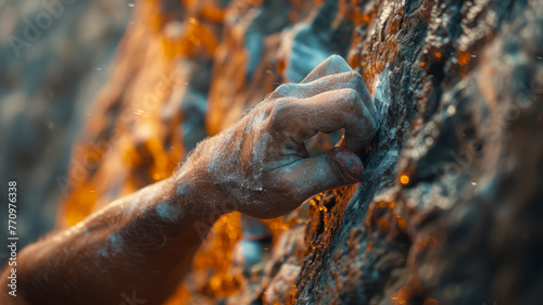 Close-up of a hand gripping a rock.