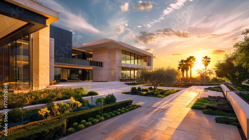 An expansive image of a luxury home at high noon, where the sun peak creates a play of light and shadow across the modern facade and landscaped gardens, highlighted by the contrast of indoor  photo