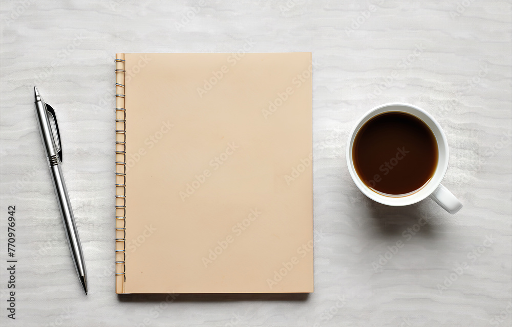 Top views workplace background with a cap of coffee, pen, notebook, wood table Top views workplace background with a cap of coffee, pen, notebook, wood table