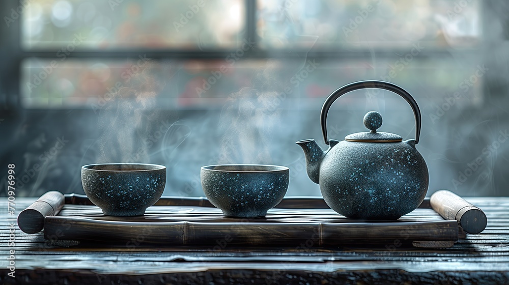 Tea Ceremony: Elegant teapot and teacups arranged on a wooden tray - obrazy, fototapety, plakaty 
