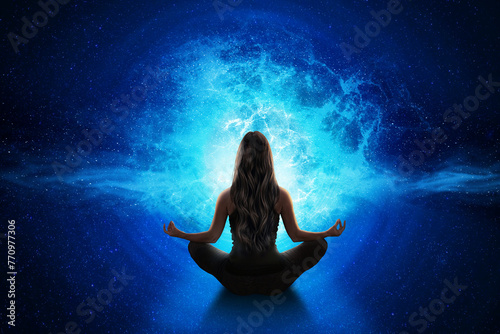 woman meditating front the universe	