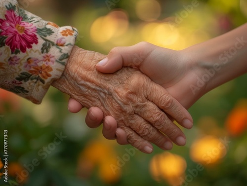 An elderly woman holding the hand of a young woman. Generative AI.