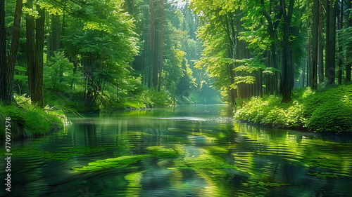 Tranquil forest scene: river, tall trees, soft sunlight, serene atmosphere.generative ai © Krisana
