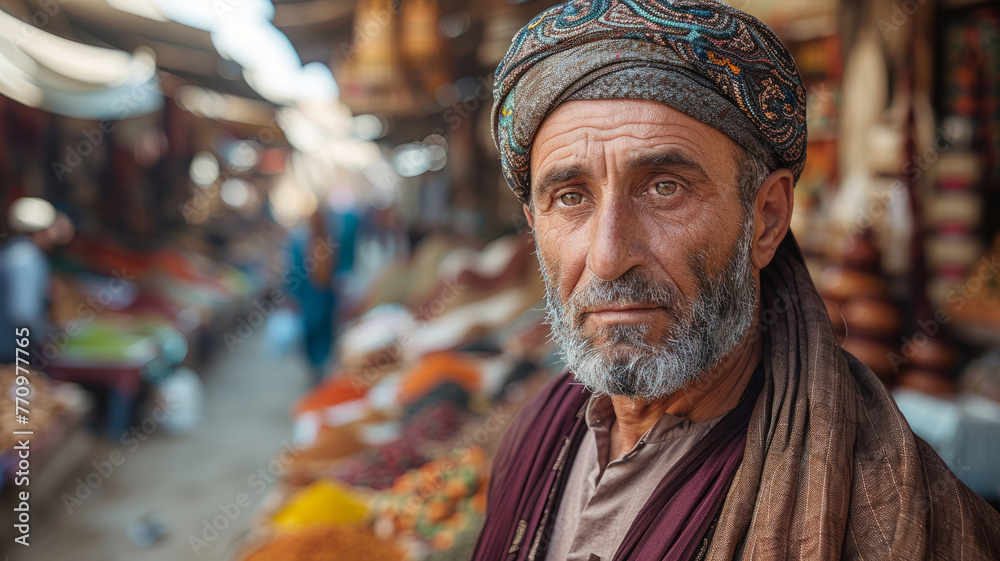 Elderly man in a traditional market setting.