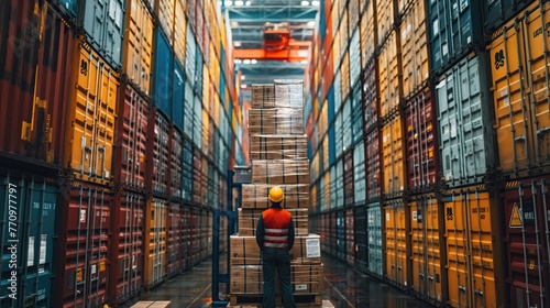 Portrait of a warehouse worker standing in front of a large container. photo
