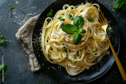 Modern Elegance: Fettuccine Alfredo on Matte Black with Gold Accents for Gourmet Magazine