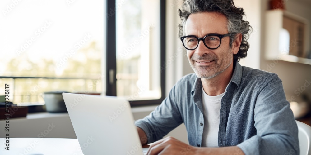 A bearded middle-aged man works at home at a table on a laptop, smiling. happy. Generative AI.