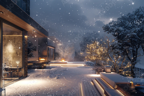 A panoramic view of a contemporary dwelling as the first snowfall of winter begins, with the outdoor and indoor lights creating a warm contrast against the cool, © Imama Hashim