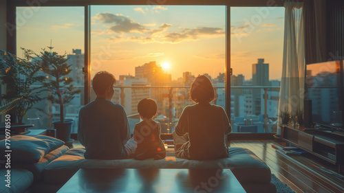 Asian family sitting on sofa apartment interior full window modern design,generative ai