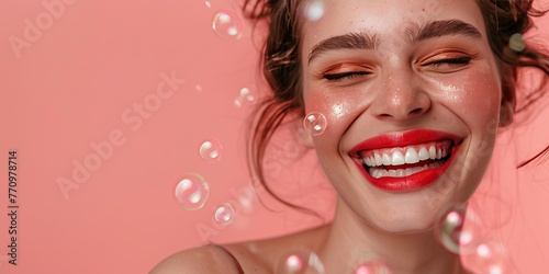 Joyful woman with red lips and soap bubbles